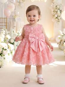SHEIN Váy bé gái dáng chữ A họa tiết hoa nơ 3D màu hồng nhạt, váy công chúa hoa nữ dễ thương thanh lịch cho mùa hè, dùng cho tiệc vườn và các dịp đặc biệt - Hồng - Xem 10
