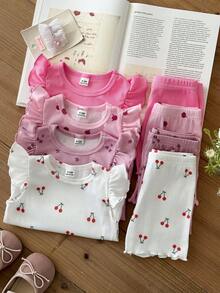 SHEIN Bộ 8 món/Bé gái 0-3 tuổi màu hồng mùa hè dễ thương gia đình đồng bộ màu trơn dệt kim gân không đối xứng tay ngắn áo vest tee và quần short - Nhiều màu - Xem 5