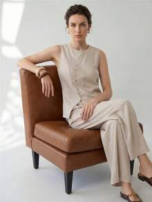 Uhlyne Uhlyne Women's Linen Asymmetrical Hem Button-Front Cardigan & Matching Pants Set,Beige,Summer,Chic,Brunch Vacation Style Solid Color Casual Work Wear - Apricot - View 1