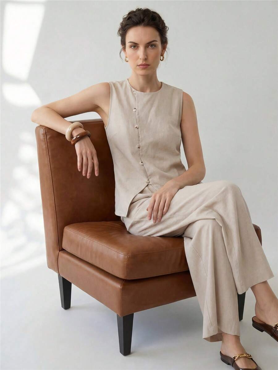 Uhlyne Uhlyne Women's Linen Asymmetrical Hem Button-Front Cardigan & Matching Pants Set,Beige,Summer,Chic,Brunch Vacation Style Solid Color Casual Work Wear - Apricot - View 1