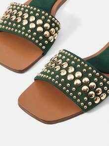 MOTF PREMIUM SQUARE TOE CONTRASTING COLOR FASHION RIVETS INLAID DAILY TRAVEL LEISURE COMMUTER VACATION STYLE SPRING AND SUMMER FLAT BOTTOM SLIPPERS SUMMER SHOES - velvet green - View 4