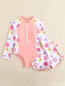 SHEIN Bộ đồ bơi phối họa tiết in hình thời trang mới dành cho bé gái tuổi teen - Hồng - Xem 5