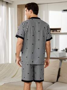 CoupledUp Men's Casual Striped & Heart Print Short Sleeve Shorts Pajama Set, Summer Loungewear - Black - View 5