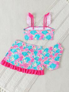 Traje de baño impreso para niñas, con volantes, conjunto de 3 piezas - Rojo - Ver 2