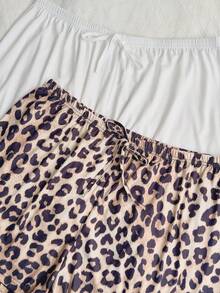 Dream Adore Conjunto de 3 piezas de pantalones cortos de pijama con cintura con cordón de unicolor y estampado de leopardo, adecuado para uso exterior, tallas grandes para mujer - Multicolor - Ver 4