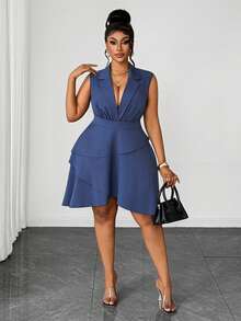 Maweii V-Neck Sleeveless Commuting Waist Cinched Asymmetric Hem Dress - Dusty Blue - View 4