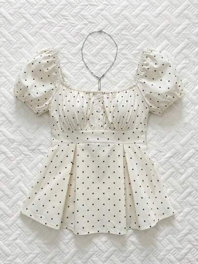 Sweetra Casual Elegant Minimalist French Style White Polka Dot Puff Sleeve Square Collar Button A-Line Blouse, Spring/Summer Polka Dot Puff Sleeve Top, Cute Plus Size Women Shirt