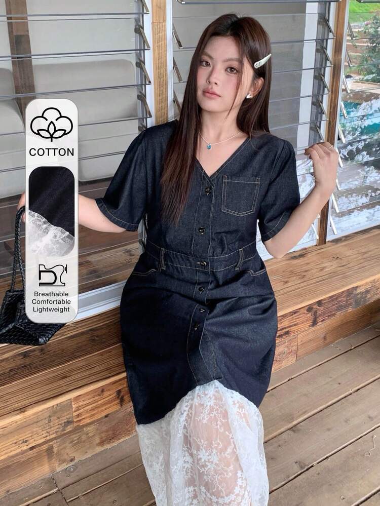 Dazy Plus V-Neck Dark Washed Blue Short Sleeve Contrast Lace Elegant Long Casual Denim Dress, Spring/Summer Sun Dresses For Women