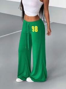 StreetHx Pantalones de punto con estampado numérico de cintura baja en verde para mujer - Verde - Ver 5