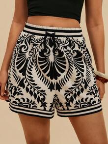 Travachic Quần short nữ size lớn màu đen eo dây rút mùa hè đi biển nghỉ dưỡng phong cách boho trắng đen - Màu Khaki - Xem 5