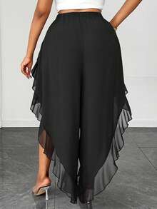 Maweii Plus Size Elegant Solid Color Asymmetric Ruffle Hem 3/4 Pants - Black - View 3