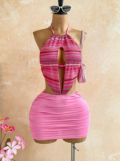 Soleia Women's Vacation Striped Hollow Out Sexy Halter Mini Dress