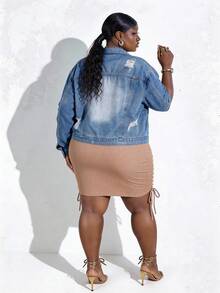 CurvyTilda Plus Bleach Wash Drop Shoulder Ripped Denim Jacket, For Hourglass Body Shape - Medium Wash - View 2