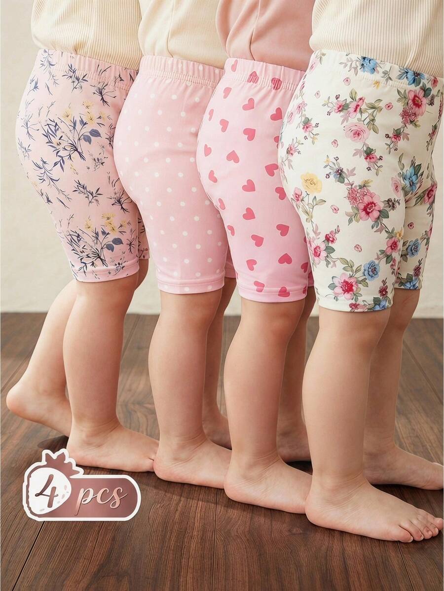 Cozy Pixies 4件套女婴贴身可爱针织波点花朵爱心图案弹力腰短裤套装,舒适柔软亲肤,性价比高,适合春夏室内外玩耍 - 彩色 - 查看 1