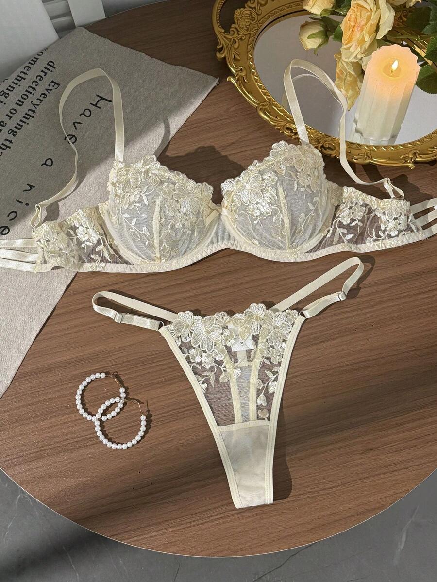 2pcs Mesh Embroidered Women's Lingerie Set - Apricot - View 1