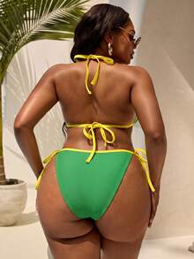 SHEIN Slayr CURVE Plus Size Women's Contrast Color Halter Bikini Set, Printed, Separate Pieces - Multicolor - View 2