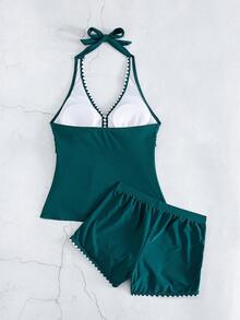 Swim Lushoire Bộ bikini hai mảnh màu trơn dành cho nữ, kiểu áo hai dây và dây chéo phía trước, thoải mái và phù hợp cho kỳ nghỉ hè ở bãi biển. - Màu xanh ngọc - Xem 5