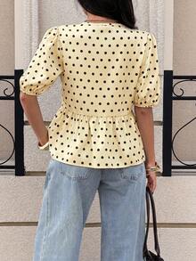 Camisa de mujer de cuello redondo y manga corta, camisa con estampado de cebra con lazo y manga abullonada, blusa de mujer de verano con volantes en el bajo y cuello en V, ajuste regular, manga abullonada, uso casual diario, blusa casual con es - Albaricoque - Ver 6