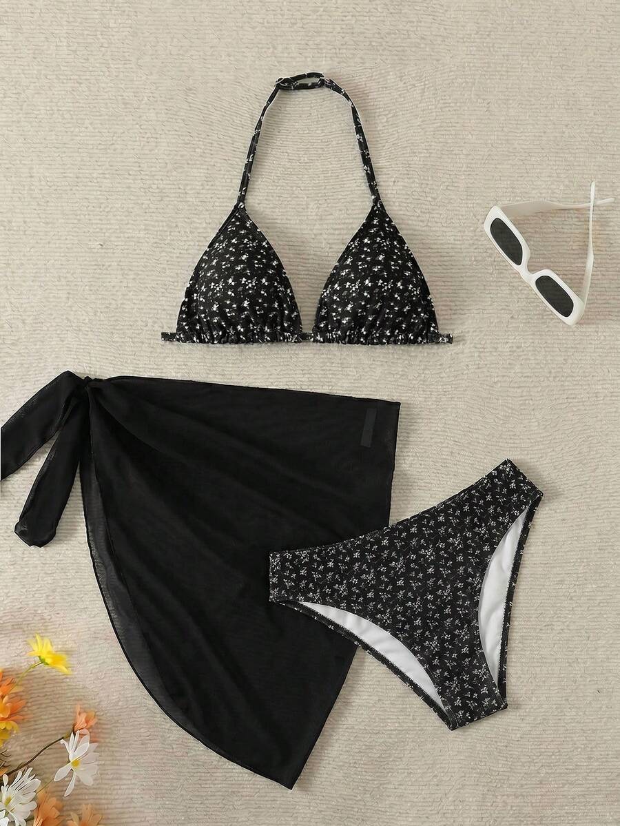 SHEIN 少女三件套泳装:碎花比基尼上衣、泳裤和系带半身裙,蓝白碎花比基尼套装,夏季泳装 - 黑色 - 查看 1