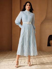 Anewsta Women's Embroidered Elegant Mid-Length Dress - Baby Blue - View 3