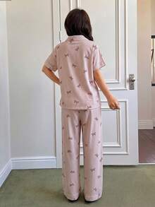 SHEIN Striped Bow Print Lapel Short Sleeve Pajama Set For Women - Brown - View 2