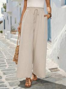 EMERY ROSE Women's Wide Leg Pants With Elastic Waistband, Casual, Vacation, Holiday Beach - Apricot - View 5
