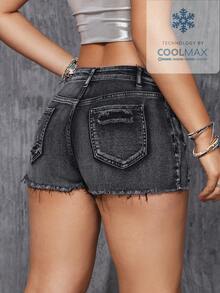 SHEIN ICON Plus Size Women's Fashion Versatile Washed Distressed Skinny Shorts - Black - View 2