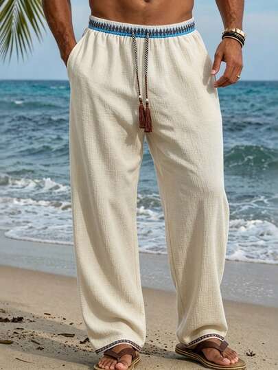 VENTUSAIL Men's Linen Trousers, Summer Beach Shorts, Drawstring Elastic Waist Straight Leg Trousers, Solid Color, Comfortable And Breathable, Full Length, Casual, Everyday, Vacation, Stylish, Blue And Black, Slightly Stretchy.Men Old Money,Daily Leisure, Weekend Trips, Outdoor Activities, Travel Expeditions, Relaxed Work Environments Or Semi-Formal Occasions, Boyfriend/Husband Gift, Anniversary /Birthday Gift Party Summer Vacation Holiday,Wedding,Spring To Summer,Easter,Y2k,Vintage,Men's Cotton Loose Casual Drawstring Pants With Boho Waistband For Beach Resort Style,Men's Leisure Pants,Mens Linen Pants