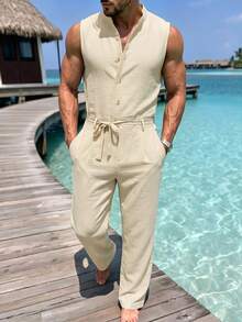 VENTUSAIL Men's Spring/Summer Vacation Linen-Look Sleeveless Jumpsuit - Khaki - View 1
