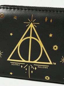 HARRY POTTER X SHEIN Ví mini màu đen có khóa kéo, họa tiết Bảo bối Tử thần mạ vàng, quà tặng Giáng sinh cho fan . - Màu đen 1 - Xem 3