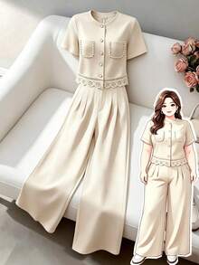 GlowEve CURVE Plus Size Women Pearl Decor Round Neck Short Sleeve Top And Wide Leg Pants Casual Outfit - Apricot - View 1