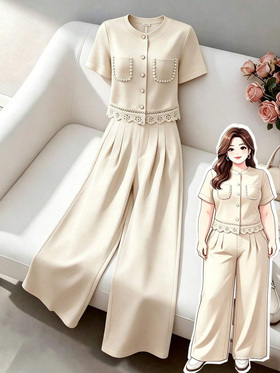 GlowEve CURVE Plus Size Women Pearl Decor Round Neck Short Sleeve Top And Wide Leg Pants Casual Outfit - Apricot - View 1