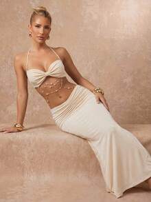 Lumalex Robe élégante et sexy pour femmes avec décoration de chaîne au dos, couleur abricot - Nude - Voir 5