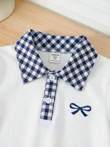 SHEIN 夏季女童白色海军蓝格子 Polo 领荷叶边下摆休闲学院风短袖连衣裙 - 藍白色 - 查看 6