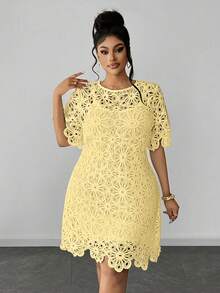 Maweii Plus Size Solid Color Hollow Out Round Neck Short Sleeve Dress - Light Yellow - View 3