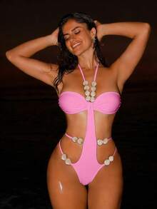 Swim SXY Sexy Beaded Accent Solid Color Fabric Backless One-Piece Swimsuit For Small Bust - Pink - View 3