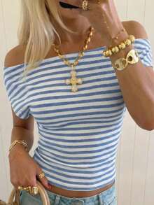 SHEIN EZwear 女士休闲度假通勤蓝白条纹不对称领修身T恤，夏季 - 藍白色 - 查看 8