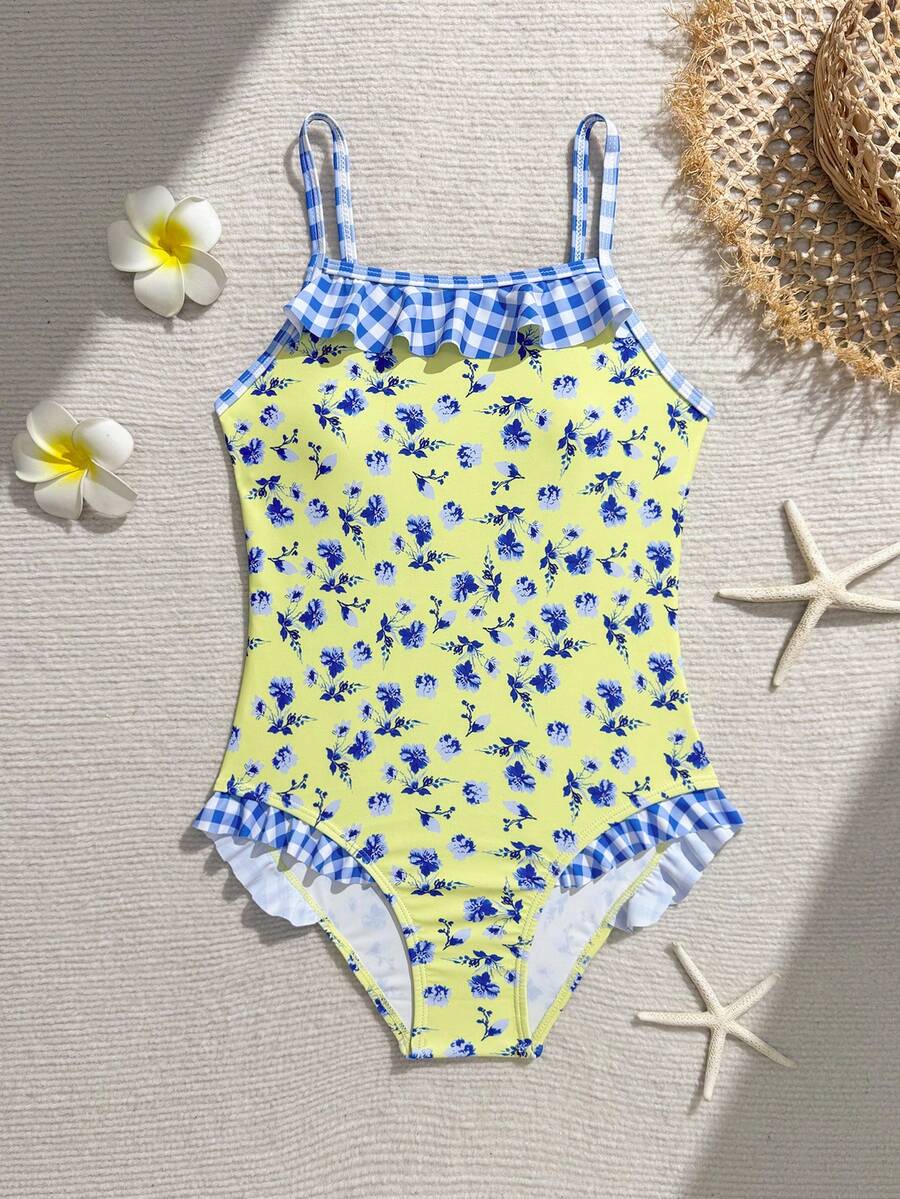 SHEIN 少女格子印花拼接连体泳衣，适合海滩度假、泳池派对、沙滩派对