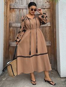 Dazy Plus Plus Size Drawstring Tie Tassel Decor Embroidered Pattern Loose Long Lantern Sleeve Home Dress, Spring/Summer Nightgown Pajamas - Khaki - View 6