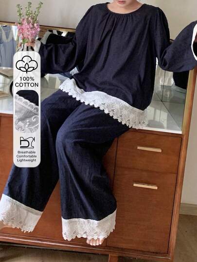 Dazy Plus Bộ đồ ngủ 2 món dễ thương, phối ren tương phản, tay dài và quần dài, cỡ lớn dành cho nữ, thích hợp cho mùa xuân/thu.