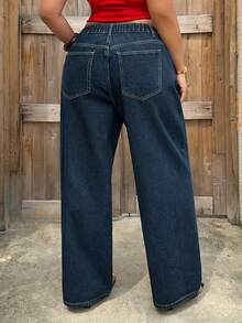 Dazy Plus Plus Size Women's Casual Solid Color Washed Slim Straight Leg Jeans - Navy Blue - View 2
