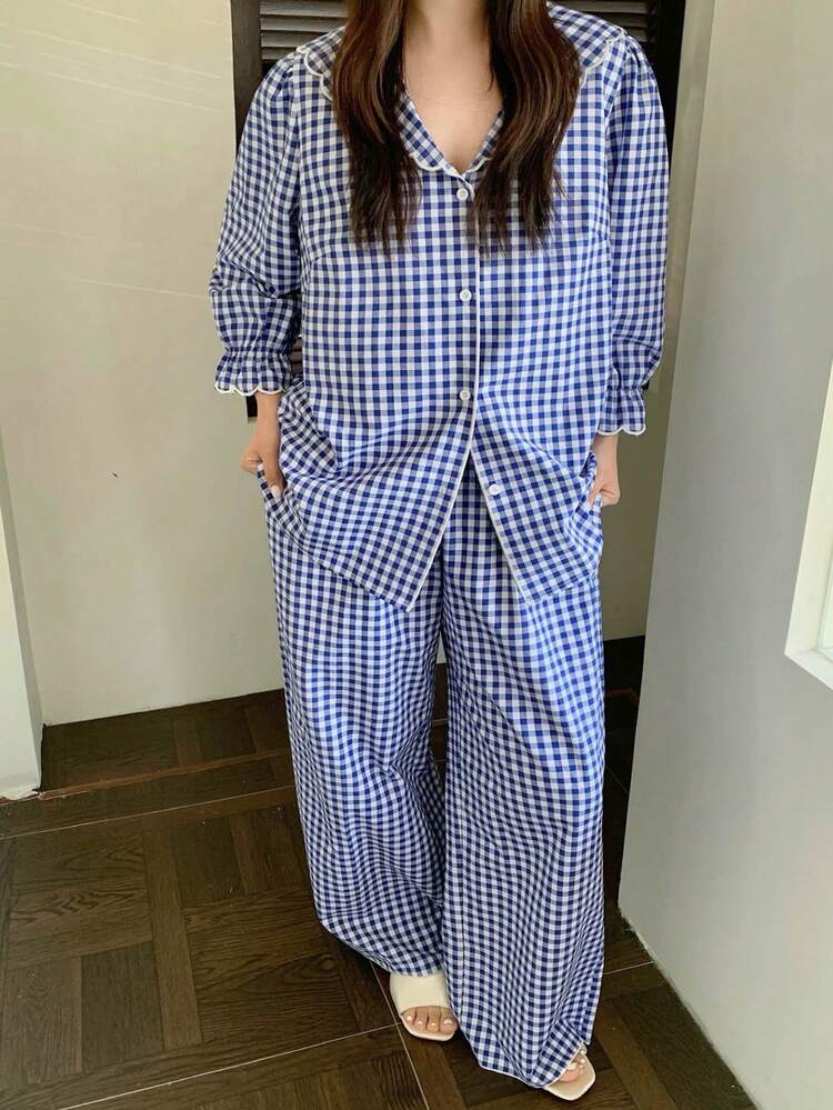 Dazy Plus 2pcs Plaid Peter Pan Collar Cute Loose Flare Sleeve Top And Loose Long Pants Pajama Set, Plus Size Women Home Wear, Spring/Summer