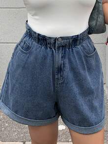Dazy Plus 夏季款松紧腰宽松阔腿卷边水洗蓝牛仔短裤 - 深色水洗藍 - 查看 6