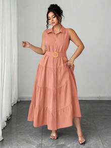 Elenzga Gaun Kemeja Tanpa Lengan Kancing Tunggal Depan Kasual Warna Polos untuk Wanita Ukuran Plus, Gaun Berlipit, Musim Panas - Coral Pink - View 6
