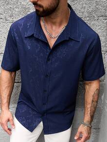 Manfinity Homme Plus Size Men's Navy Blue Floral Print Front Button Short Sleeve Shirt - Navy Blue - View 5