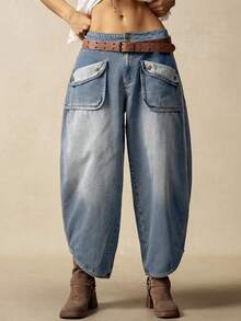 Bohemela Quần jean denim nữ đa năng, dáng rộng, có túi, vạt bất đối xứng - Rửa nhẹ - Xem 9