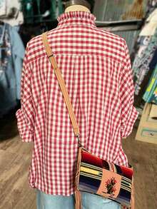 Linhara Women's Plus-Size Red And White Checkered Blouse, Retro 1920s 90s Country Picnic Brunch Style, Autumn Ruffled Stand-Up Collar V-Neck Loose-Fitting Top - Red - View 2