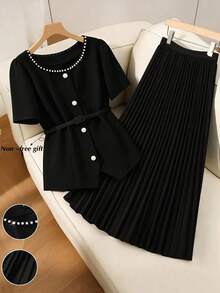GlowEve CURVE Plus Size Women Summer Elegant Black And White Faux Pearl Decor Short Sleeve Belted Top And Pleated Skirt Set,Chic Minimalist Dinner Outfit  Autumn - Black - View 3