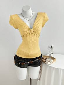Elamini Women's T-Shirt With Deep V-Neck, Ruched Detailing, And Knit Polka Dot Pattern - Yellow - View 3