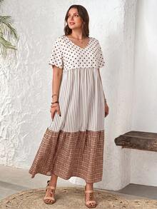 EMERY ROSE Plus Size Polka Dot & Striped Patchwork Short Sleeve Dress - Rust Brown - View 2